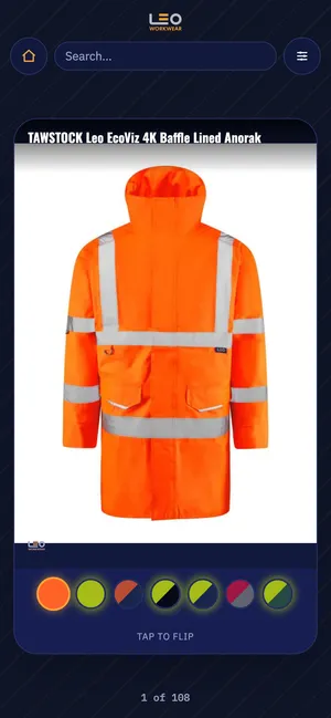 The Leo Workwear branded product finder, showing a hi-vis anorak product card on a phone
